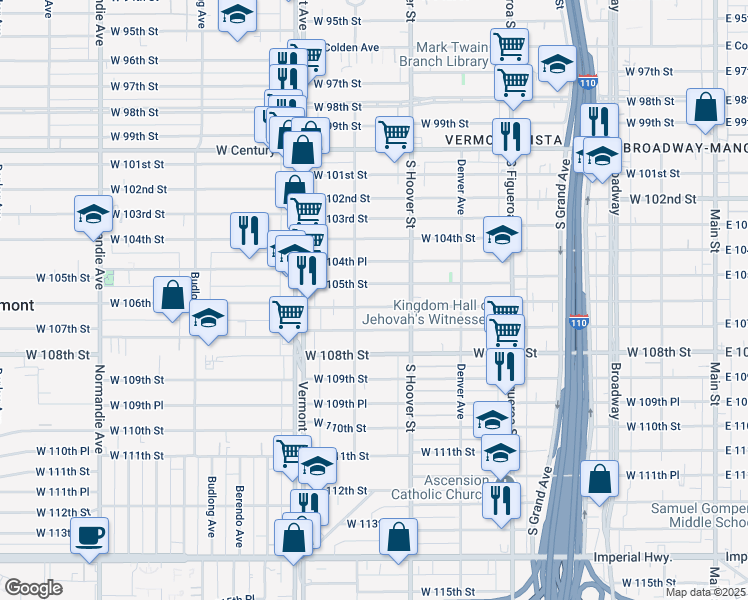 map of restaurants, bars, coffee shops, grocery stores, and more near 744 West 105th Street in Los Angeles