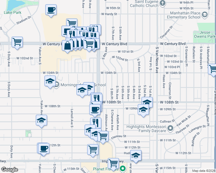 map of restaurants, bars, coffee shops, grocery stores, and more near 10524 South 8th Place in Inglewood