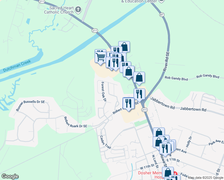 map of restaurants, bars, coffee shops, grocery stores, and more near 3107 Spring Oak Lane in Southport