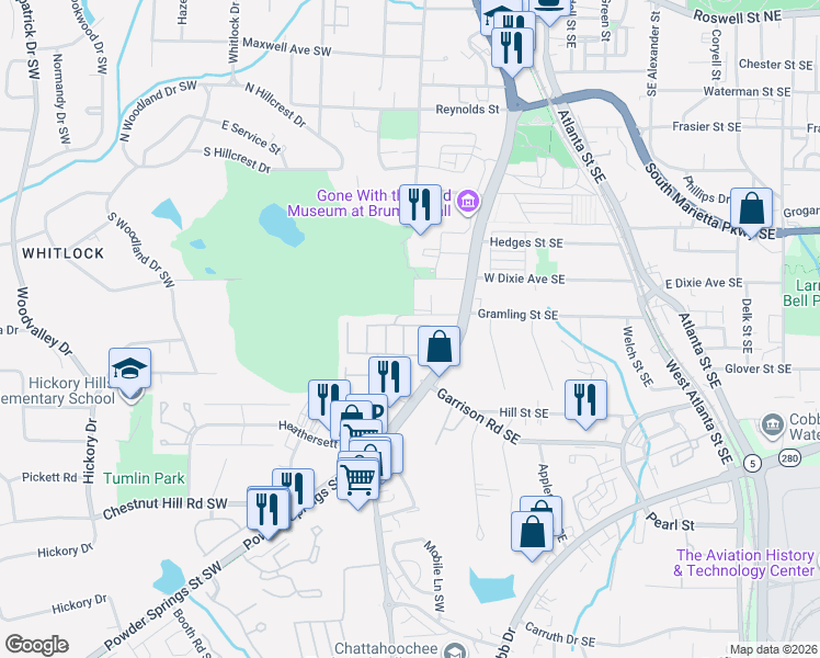 map of restaurants, bars, coffee shops, grocery stores, and more near 130 Senna Street in Marietta
