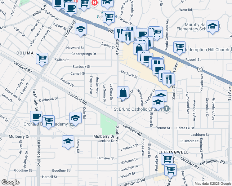 map of restaurants, bars, coffee shops, grocery stores, and more near in Whittier