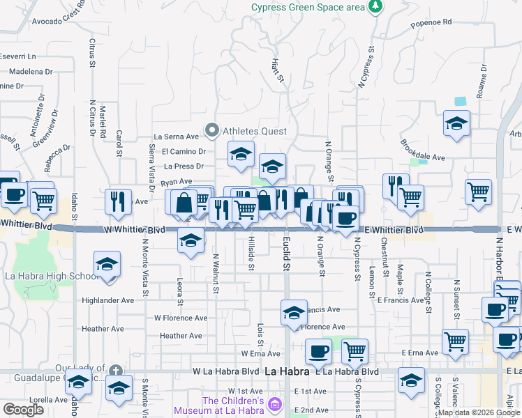 map of restaurants, bars, coffee shops, grocery stores, and more near 850 Hillside Street in La Habra