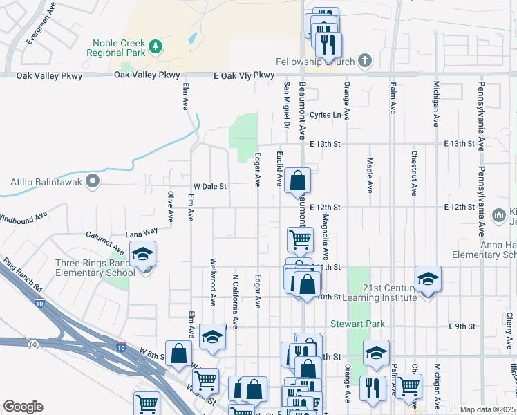 map of restaurants, bars, coffee shops, grocery stores, and more near Edgar Avenue & East 12th Street in Beaumont