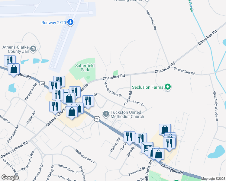 map of restaurants, bars, coffee shops, grocery stores, and more near 135 Morningview Circle in Athens