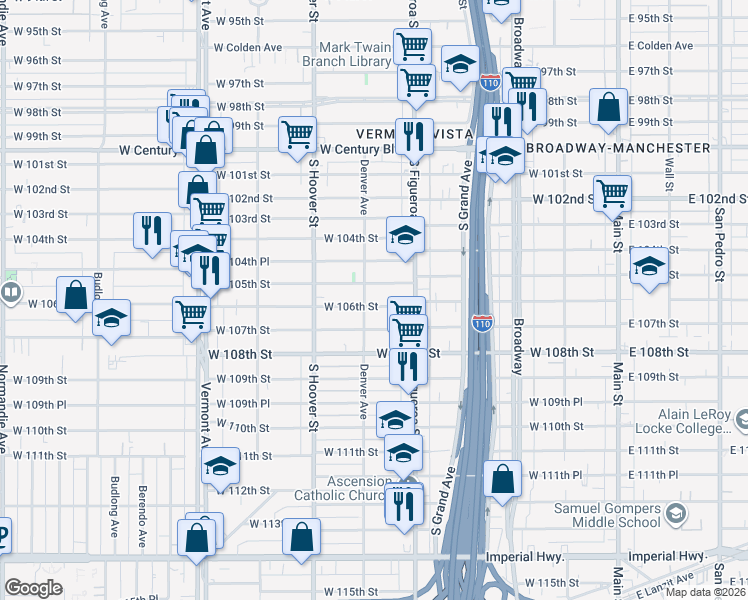 map of restaurants, bars, coffee shops, grocery stores, and more near 547 West 106th Street in Los Angeles