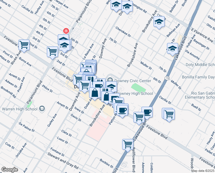 map of restaurants, bars, coffee shops, grocery stores, and more near in Downey