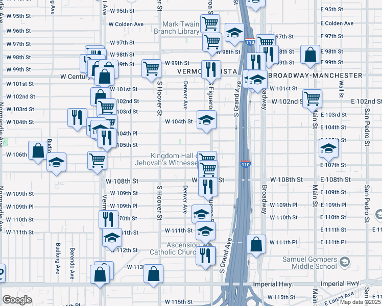map of restaurants, bars, coffee shops, grocery stores, and more near 547 West 106th Street in Los Angeles
