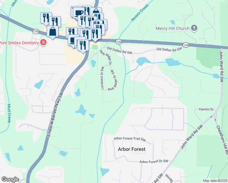 map of restaurants, bars, coffee shops, grocery stores, and more near 800 Nob Ridge Drive in Marietta