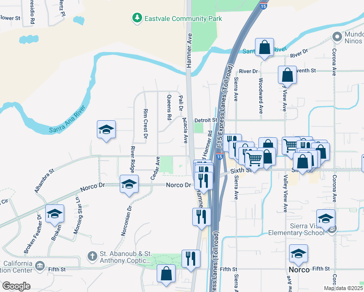 map of restaurants, bars, coffee shops, grocery stores, and more near 4072 Acacia Avenue in Norco
