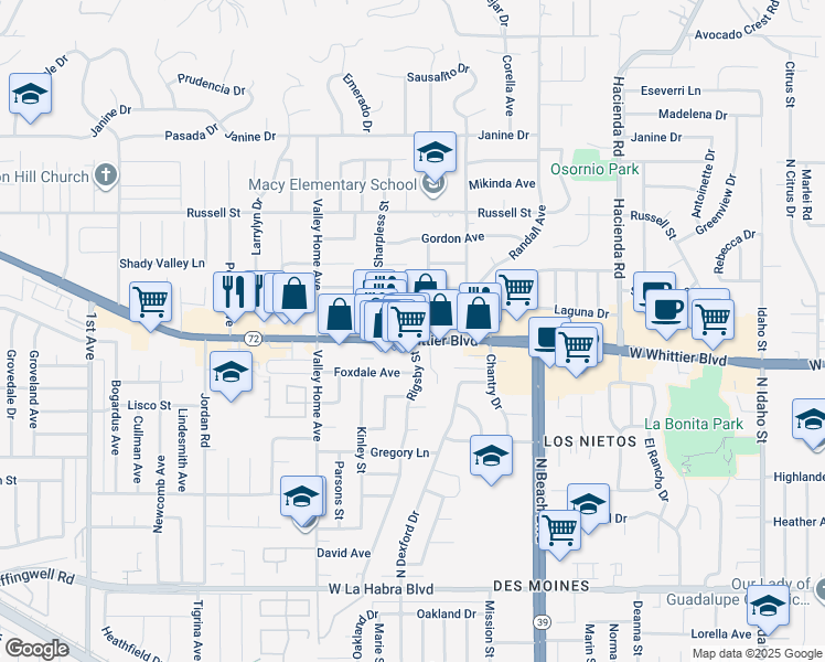 map of restaurants, bars, coffee shops, grocery stores, and more near 1363 Koopmans Way in La Habra