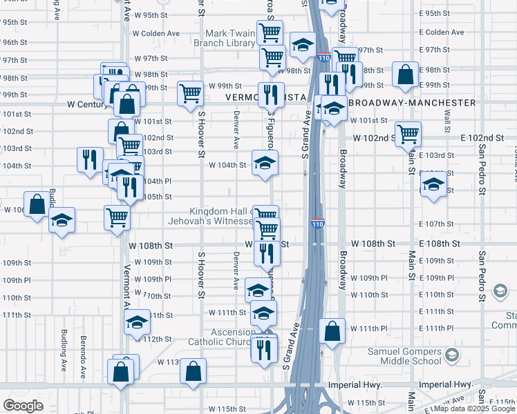 map of restaurants, bars, coffee shops, grocery stores, and more near 534 West 105th Street in Los Angeles