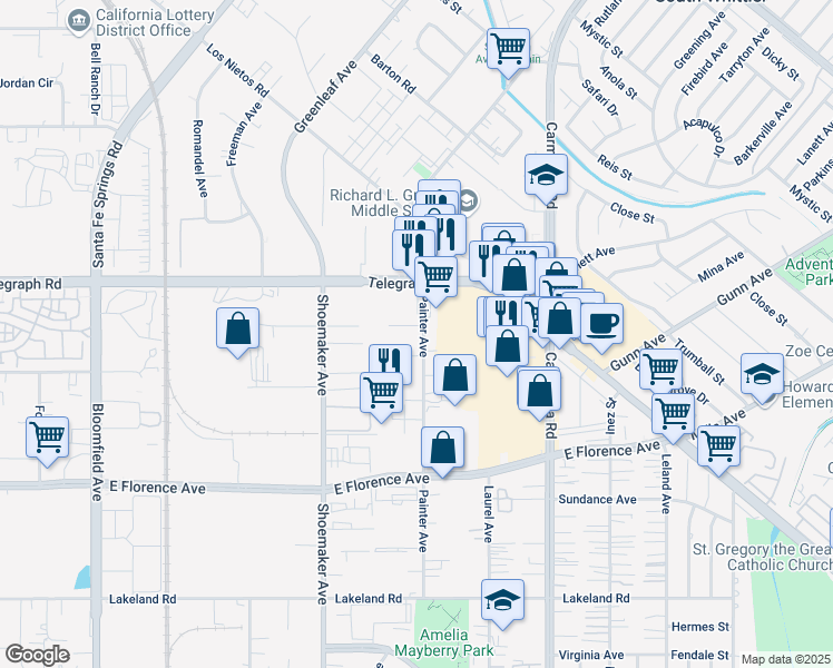 map of restaurants, bars, coffee shops, grocery stores, and more near 13095 Park Street in Santa Fe Springs