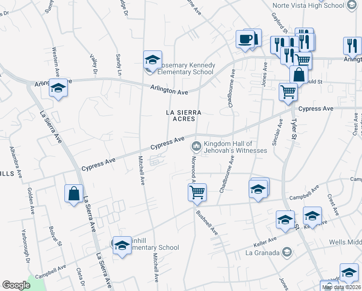 map of restaurants, bars, coffee shops, grocery stores, and more near 10648 Cypress Avenue in Riverside
