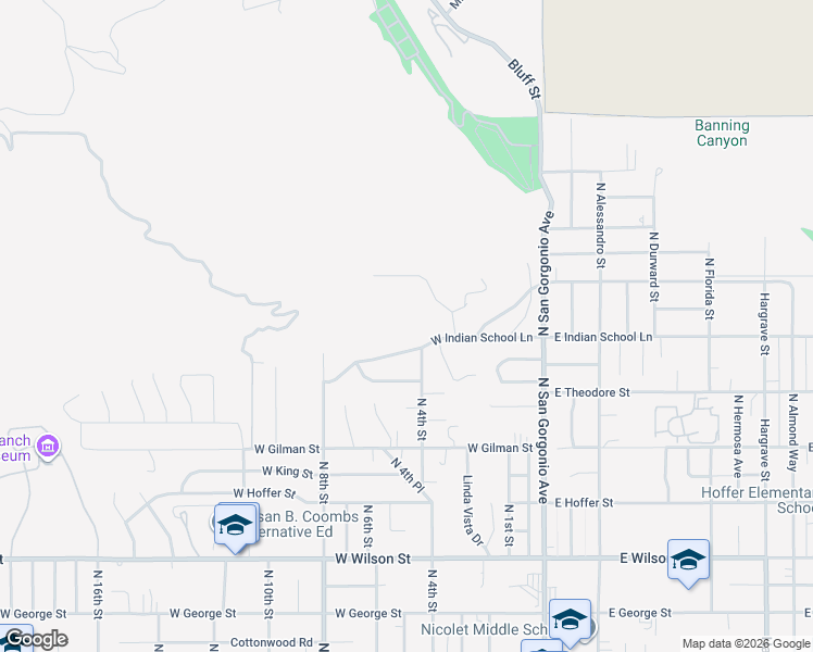 map of restaurants, bars, coffee shops, grocery stores, and more near 435 West Indian School Lane in Banning