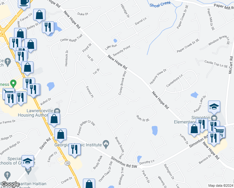 map of restaurants, bars, coffee shops, grocery stores, and more near 625 Corley Brook Way in Lawrenceville