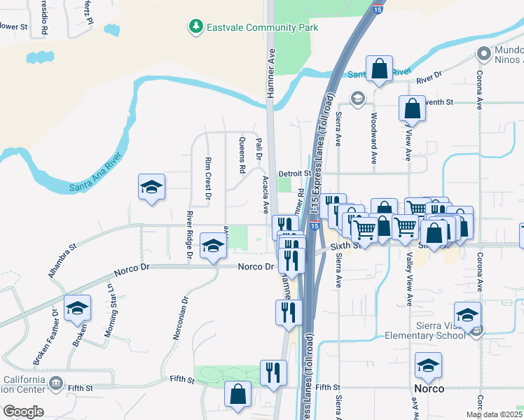 map of restaurants, bars, coffee shops, grocery stores, and more near 4072 Acacia Avenue in Norco
