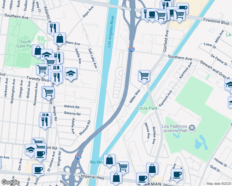 map of restaurants, bars, coffee shops, grocery stores, and more near 10001 West Frontage Road in South Gate