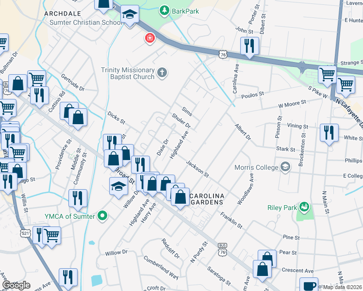 map of restaurants, bars, coffee shops, grocery stores, and more near 216 Highland Avenue in Sumter