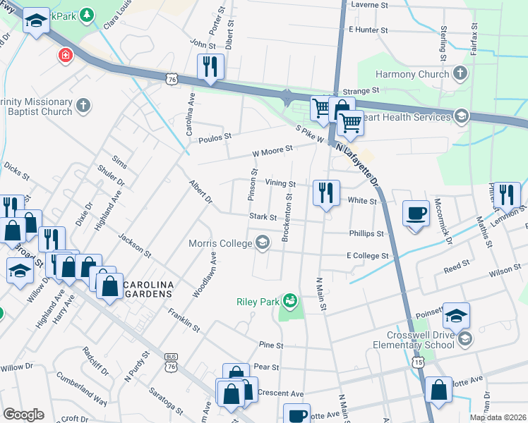 map of restaurants, bars, coffee shops, grocery stores, and more near 305 Pinson Street in Sumter