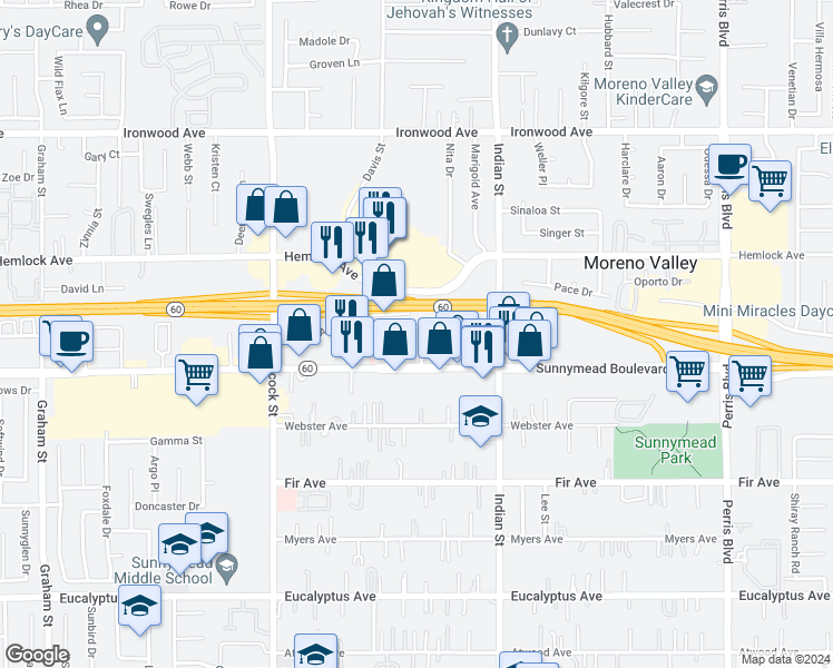 map of restaurants, bars, coffee shops, grocery stores, and more near 24306 Postal Avenue in Moreno Valley