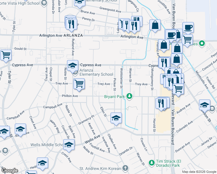 map of restaurants, bars, coffee shops, grocery stores, and more near 8353 Trey Avenue in Riverside