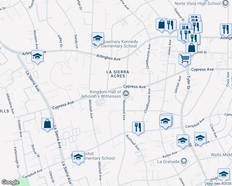map of restaurants, bars, coffee shops, grocery stores, and more near 10648 Cypress Avenue in Riverside