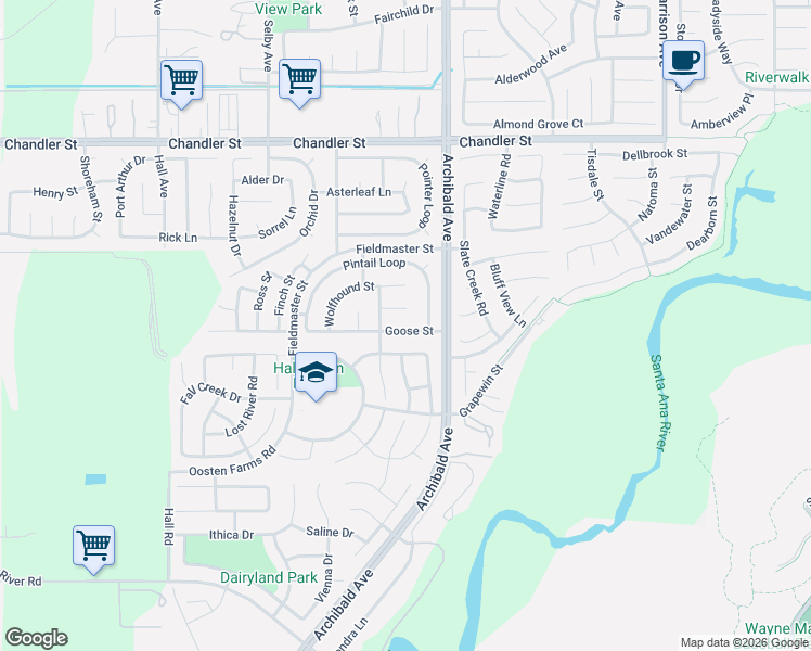 map of restaurants, bars, coffee shops, grocery stores, and more near 14217 Pintail Loop in Corona