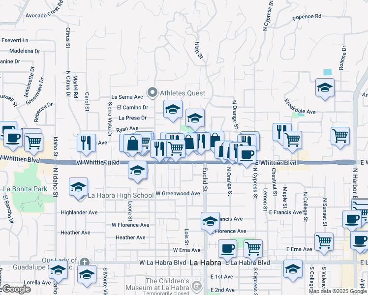 map of restaurants, bars, coffee shops, grocery stores, and more near 950 Hillside Street in La Habra