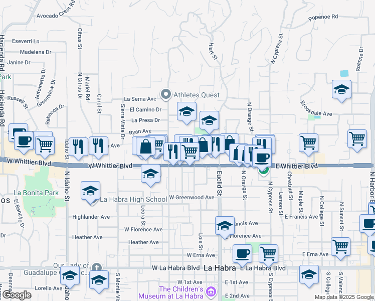 map of restaurants, bars, coffee shops, grocery stores, and more near 926 North Walnut Street in La Habra Heights