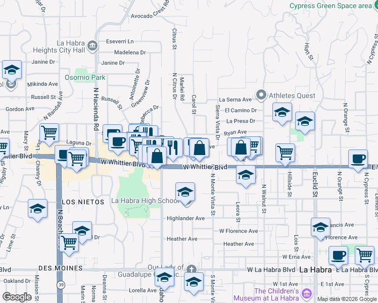 map of restaurants, bars, coffee shops, grocery stores, and more near 832 North Citrus Drive in La Habra