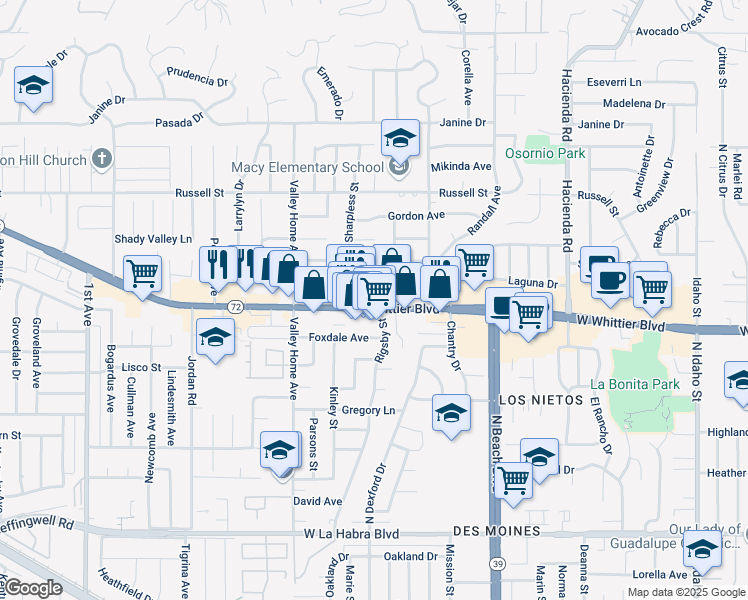 map of restaurants, bars, coffee shops, grocery stores, and more near 1363 Koopmans Way in La Habra