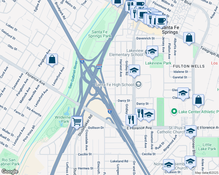 map of restaurants, bars, coffee shops, grocery stores, and more near 10405 Longworth Avenue in Santa Fe Springs