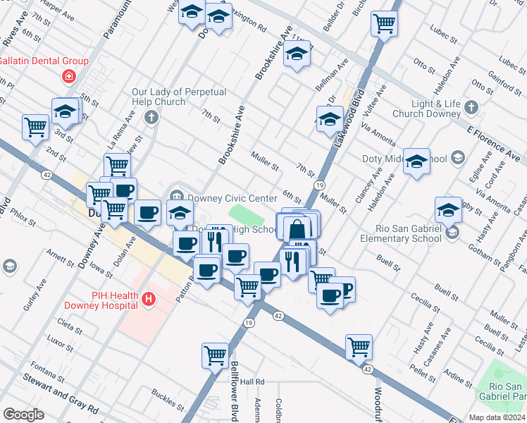 map of restaurants, bars, coffee shops, grocery stores, and more near 10728 Tristan Drive in Downey