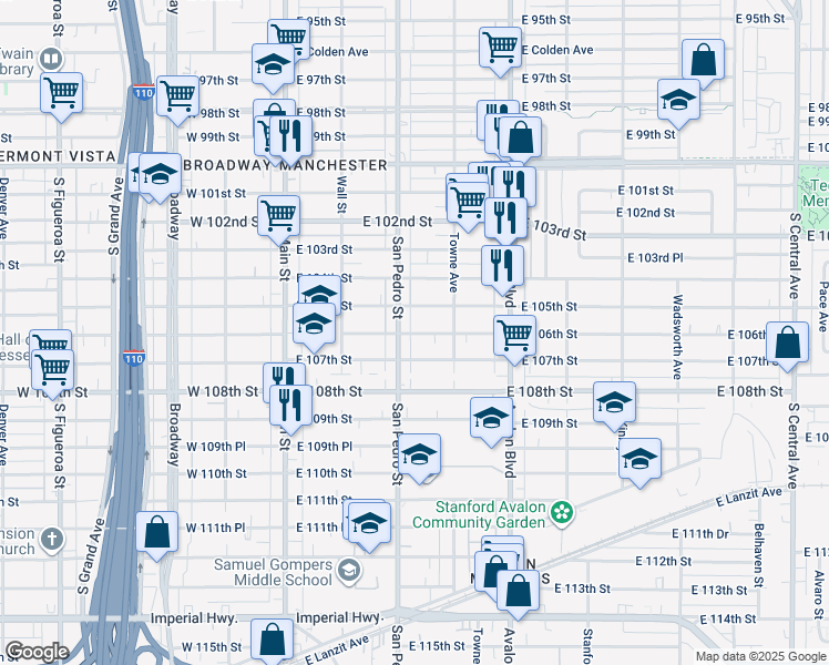 map of restaurants, bars, coffee shops, grocery stores, and more near 315 East 106th Street in Los Angeles