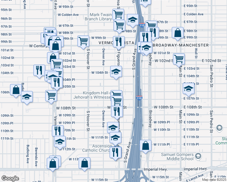 map of restaurants, bars, coffee shops, grocery stores, and more near 534 West 105th Street in Los Angeles