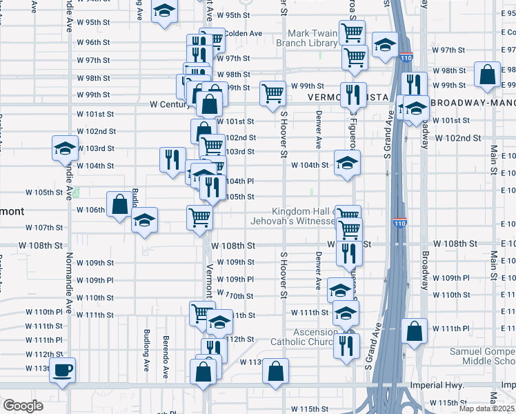 map of restaurants, bars, coffee shops, grocery stores, and more near 744 West 105th Street in Los Angeles