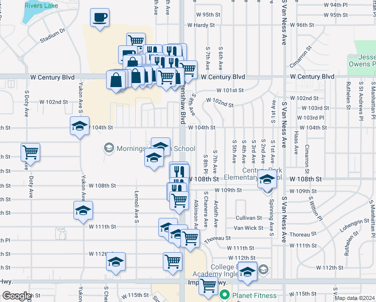 map of restaurants, bars, coffee shops, grocery stores, and more near 10518 Crenshaw Boulevard in Inglewood