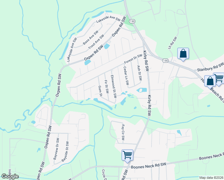 map of restaurants, bars, coffee shops, grocery stores, and more near 2032 Elmwood Street Southwest in Brunswick County