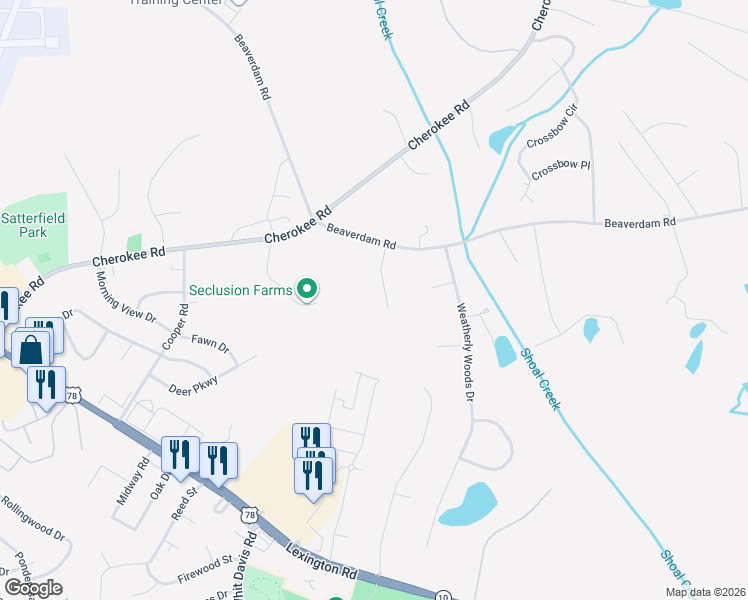map of restaurants, bars, coffee shops, grocery stores, and more near 150 Pine Creek Way in Winterville
