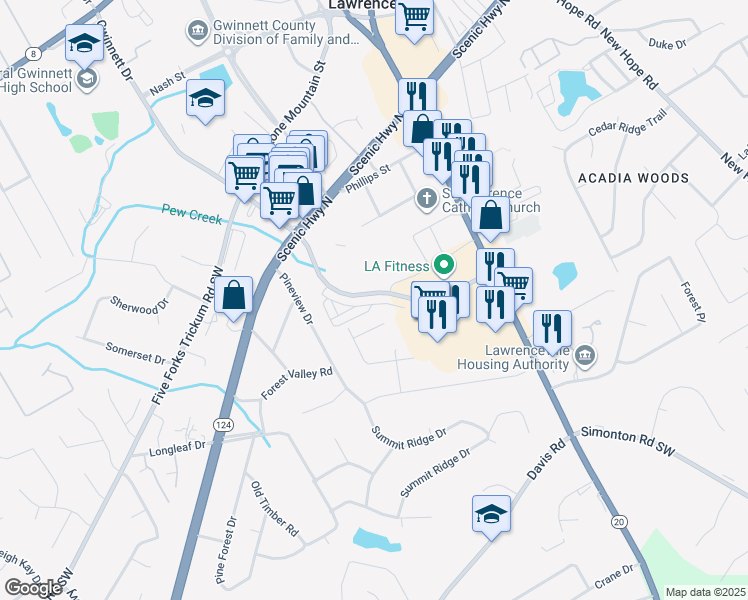 map of restaurants, bars, coffee shops, grocery stores, and more near 614-790 Gwinnett Drive in Lawrenceville