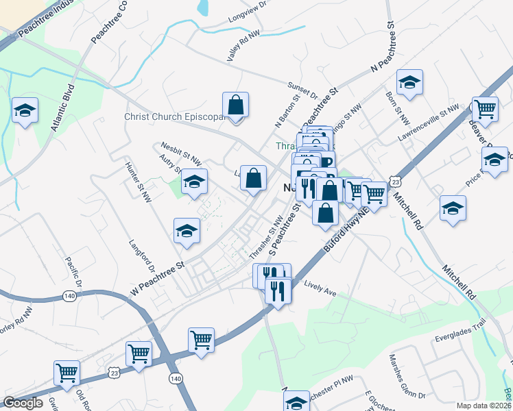 map of restaurants, bars, coffee shops, grocery stores, and more near 301 West Peachtree Street in Norcross