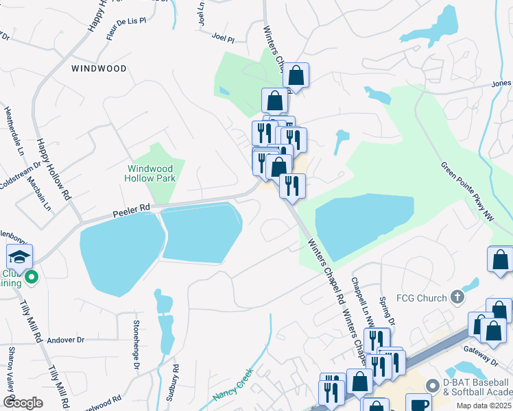 map of restaurants, bars, coffee shops, grocery stores, and more near 4870 Twin Lakes Trail in Atlanta
