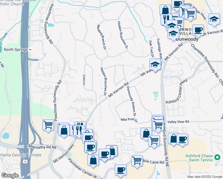 map of restaurants, bars, coffee shops, grocery stores, and more near 1042 Trailridge Place in Dunwoody