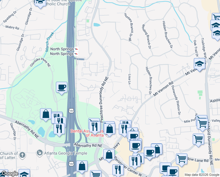 map of restaurants, bars, coffee shops, grocery stores, and more near 215 Glen Meadow Court in Atlanta