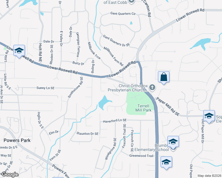 map of restaurants, bars, coffee shops, grocery stores, and more near 2880 Berrypatch Court Southeast in Marietta