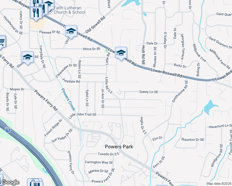 map of restaurants, bars, coffee shops, grocery stores, and more near 485 Little Road South East in Marietta
