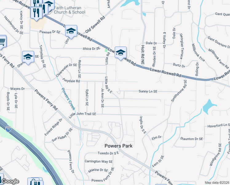 map of restaurants, bars, coffee shops, grocery stores, and more near 485 Little Road South East in Marietta