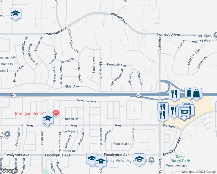 map of restaurants, bars, coffee shops, grocery stores, and more near 12471 Sage Grouse Lane in Moreno Valley