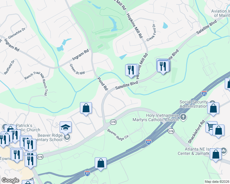 map of restaurants, bars, coffee shops, grocery stores, and more near 4672 Satellite Boulevard in Duluth