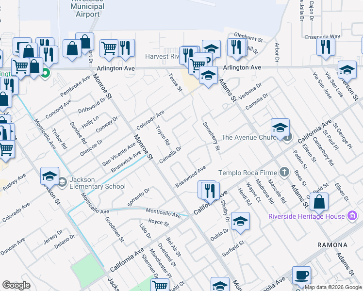 map of restaurants, bars, coffee shops, grocery stores, and more near 8596 Camelia Drive in Riverside